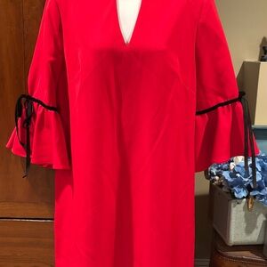 Red Dress with Bell Sleeves and Black Ties